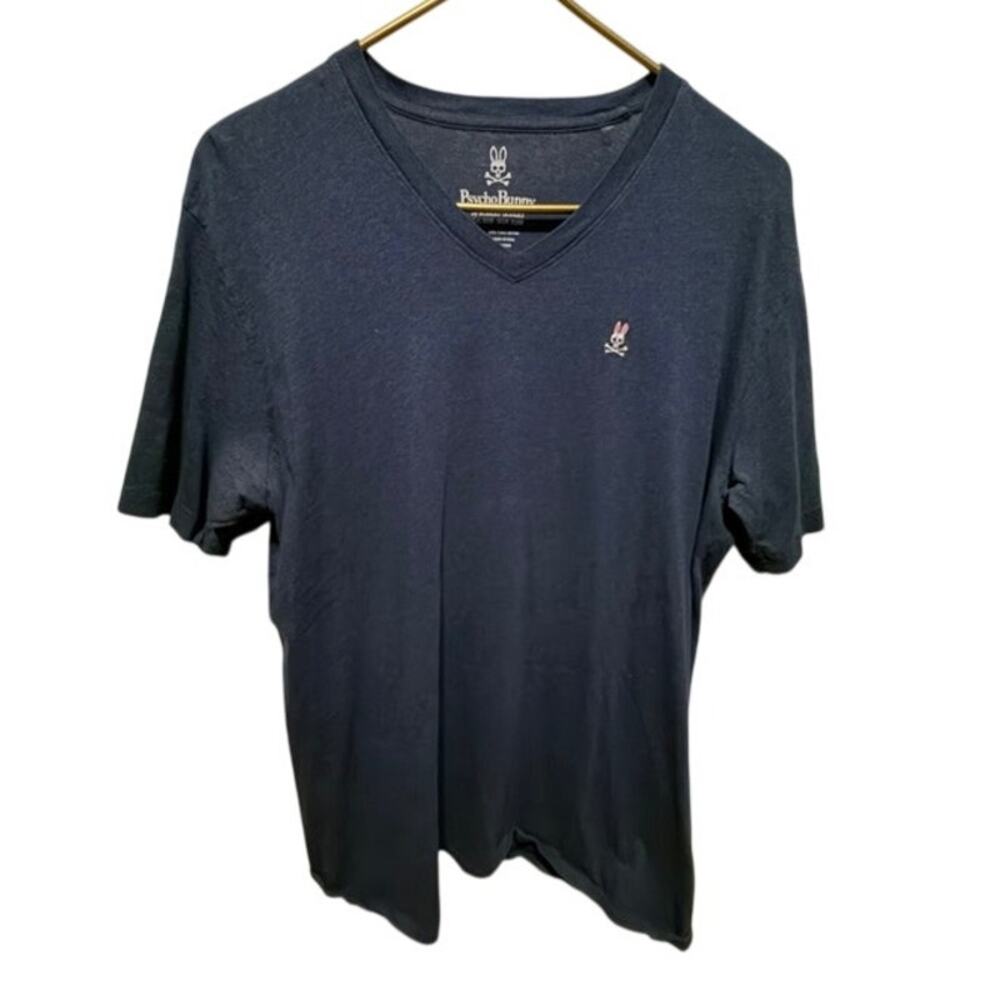 Psycho Bunny Men's Large Pima Cotton V Neck T Shirt Navy Embroidered Logo